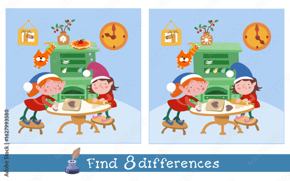Fototapeta premium Find 8 differences. Game for kids. Elves making cookies for Christmas. Hand drawn vector illustration.