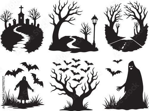 Spooky Halloween scenes with ghosts, bats, and haunted trees