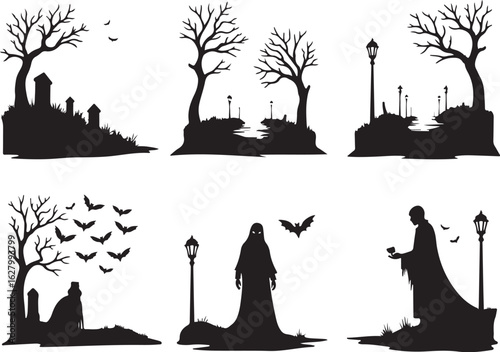 Spooky Halloween silhouettes: ghosts, bats, trees, and graves