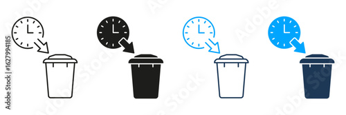 Clock And Trash Bin Line And Solid Icon Set. Time Management, Task Scheduling, And Deadline Reminder Silhouette Symbol Collection. Waste Reduction And Efficiency. Isolated Vector Illustration