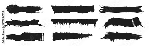 Grunge hand drawn paint brush strokes rectangle shapes. Monochrome paint splatter elements with rough edge. Vector illustration on transparent background.