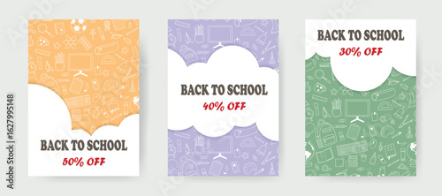 Back to school sale flyer set. Template with stationery and school supplies and cloud with text. School design for poster, banner, announcement, advertisement, vector graphic