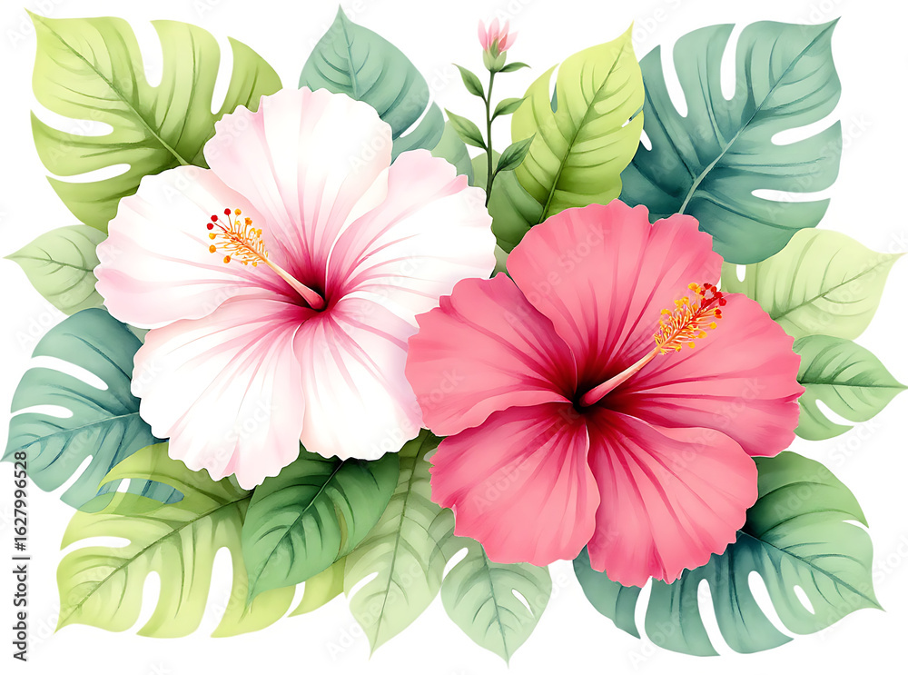 Obraz premium Pink and White Hibiscus Flowers with Tropical Monstera Leaves - Isolated on transparent background