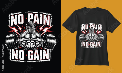 Powerful motivational gym workout design featuring a muscular bodybuilder and the slogan no pain no gain
