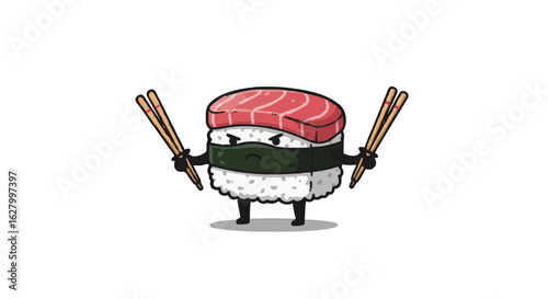 Illustration of an angry sushi character holding chopsticks in a fighting stance on a white background