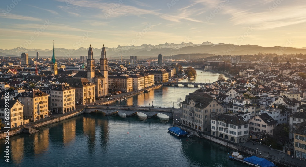 Obraz premium Cityscape sunrise over river