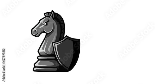 Illustration of a gray chess knight piece with a shield on a white background in a cartoon style