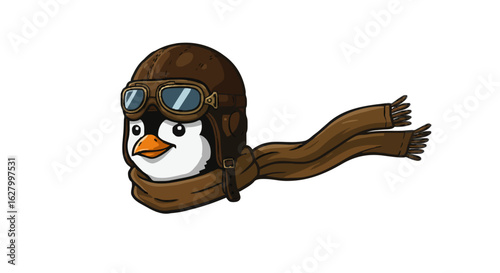Cartoon penguin wearing a pilot helmet and scarf with goggles and a happy expression on a white background