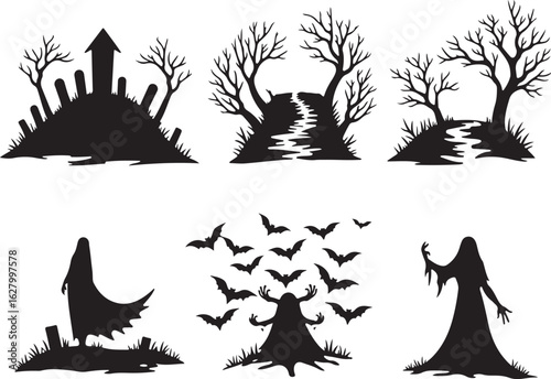 Spooky Halloween silhouettes: haunted graveyard, ghost figures & bats
