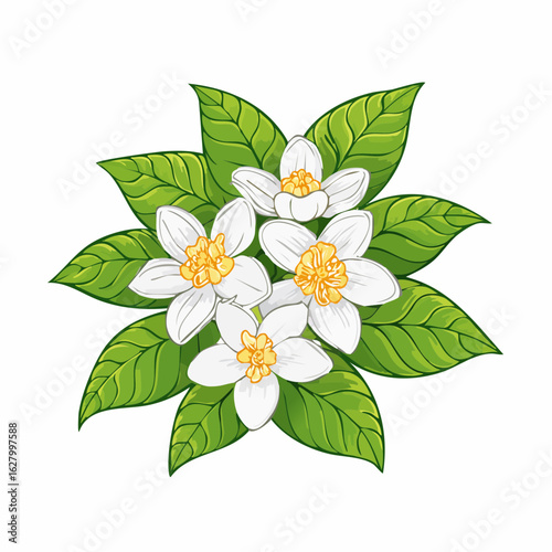 Illustration of Blooming Citrus Flowers Surrounded by Green Leaves on White Background