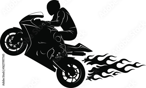 Motorcycle wheelie with flames isolated on white