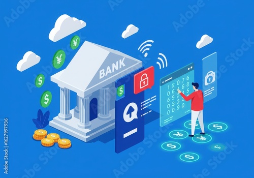 Digital banking and financial technology concept with isometric illustration