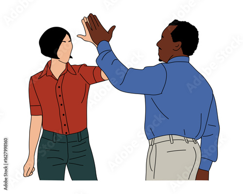 Excited business man and woman giving high five celebrating success. Business team concept. Modern vector simple outline drawing for graphic, web design. Isolated on transparent background.