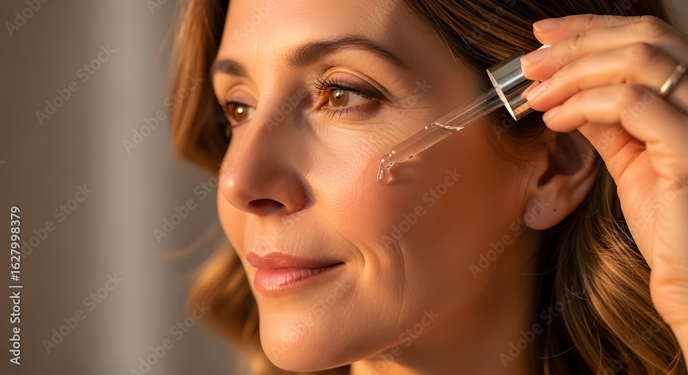 Obraz premium Mature Woman Applying Face Serum – Skincare Close-Up with Dropper