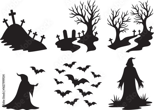 Spooky Halloween graveyard scene with bats and cloaked figures