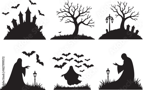 Spooky Halloween silhouettes: haunted castle, bare trees, ghosts, bats