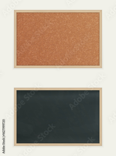 Cork Bulletin Board and Black Chalkboard Set. Vertical Vector Layout.