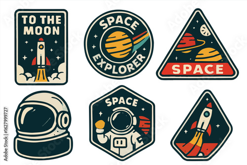 Vintage Outer Space Sticker Set with Rocket, Astronaut, Planet, and Helmet Illustrations in Retro Style for Science Projects, Space Exploration, Kids Posters, and Galaxy-Themed Designs