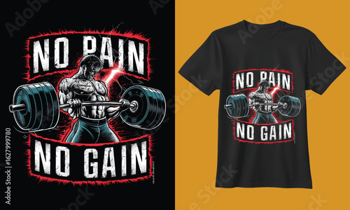 Powerful motivational gym workout design featuring a muscular bodybuilder and the slogan no pain no gain
