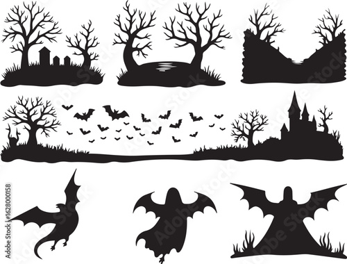 Spooky Halloween silhouettes: haunted castle, bats, ghosts, trees