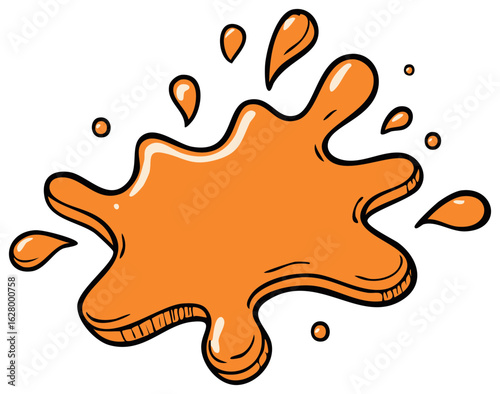 Cartoon style orange liquid splash with glossy highlights and dripping drops