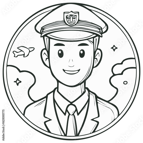 Smiling male pilot character portrait with airplane and clouds outline