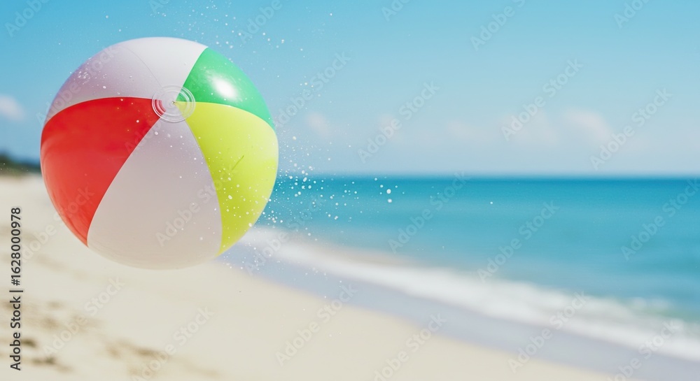 Obraz premium Colorful beach ball floating above sandy shore on a sunny summer day
