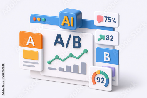 3D illustration of an A/B testing dashboard featuring AI elements, showcasing analytics and performance metrics in a colorful design.