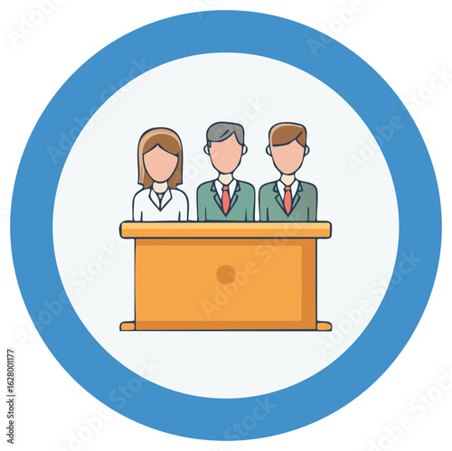 Illustrated Panel of Judges at a Podium or Desk Inside a Blue Circle Border