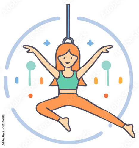 Happy woman performing a graceful aerial yoga pose, a flat vector fitness icon