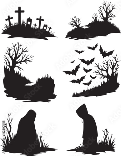 Spooky Halloween silhouettes graveyard bats hooded figures creepy trees