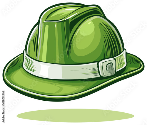 Classic green hat with white band and buckle illustration. Accessory for style and celebration.