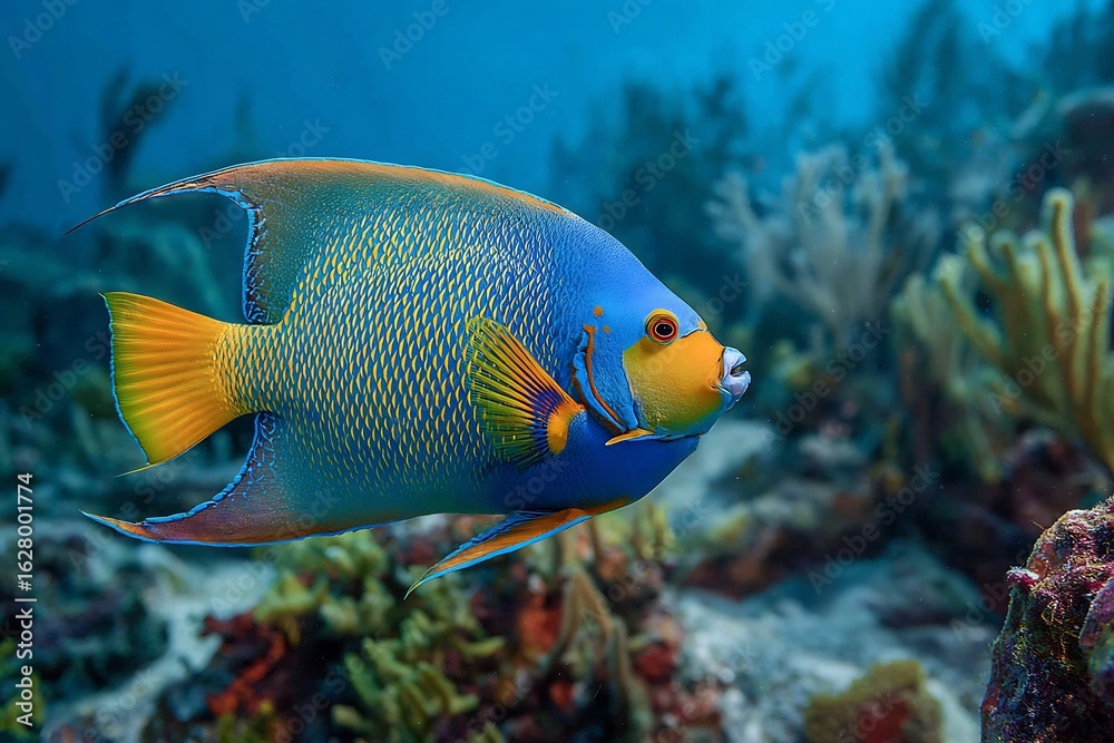 Naklejka premium A vibrant queen angelfish swimming in the ocean near coral reef formations in clear turquoise water