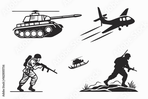 Military icons featuring tanks helicopters planes and soldiers
