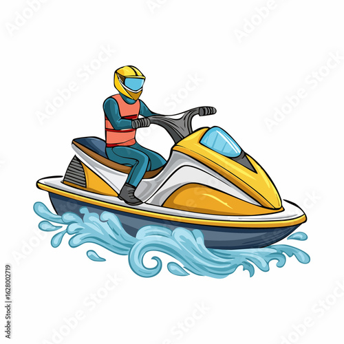Illustration of a person riding a yellow jet ski with waves, representing summer activities