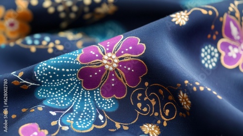 Close-up navy fabric with floral batik print