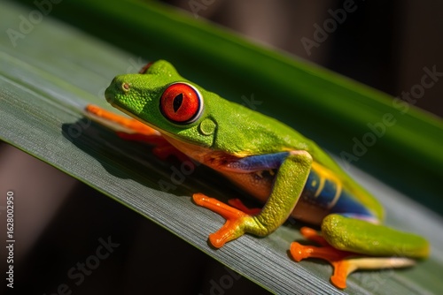Close-up of a vibrant red-eyed tree frog on a leaf.