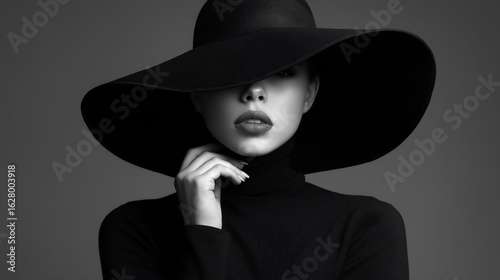Elegant black and white portrait of a woman with a wide-brimmed hat and mystery