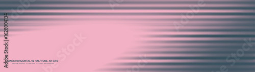 Horizontal lines halftone pattern elliptical angular border ultra wide 32:9 aspect ratio pink blue vector cool abstract background. Striped half tone ultrawide format retro futuristic 80s abstraction