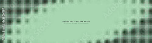 Squares grid halftone pattern tilted angular elliptical frame ultra wide 32:9 aspect ratio vector sage green abstract background. Half tone graphic ultrawide format retro futuristic style abstraction