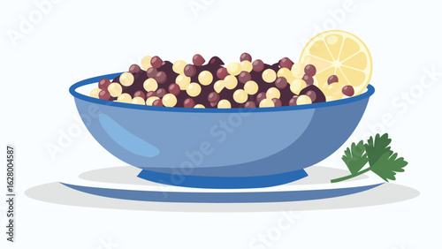 Illustration of a blue bowl filled with brown and yellow balls with lemon and parsley garnish