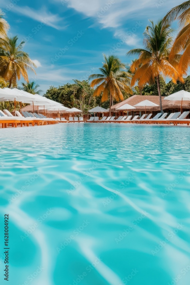 A serene tropical pool with crystal clear water, surrounded by palm trees and sun loungers under white umbrellas, perfect for relaxation and vacation-themed projects A serene tropical pool with crystal clear water, surrounded by palm trees and sun loungers under white umbrellas, perfect for relaxation and vacation-themed projects