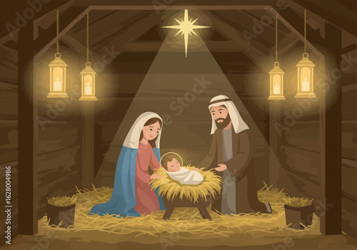 Animated Nativity Scene Depicting Mary Joseph and Baby Jesus in Stable.