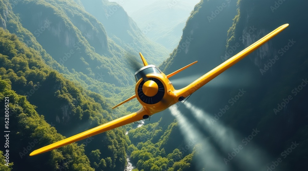 Fototapeta premium Yellow vintage airplane flying through a lush green mountain valley
