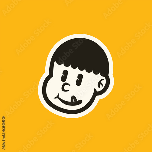 Cartoon boy face with confused and irritated expression in bold minimal line art style. Perfect for stickers, emojis, retro branding, and playful vector character design