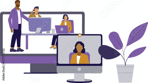People attending a virtual meeting on a computer screen with a plant next to the screen display