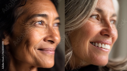 Elegant portrait showcasing the beauty of aging with two diverse mature women