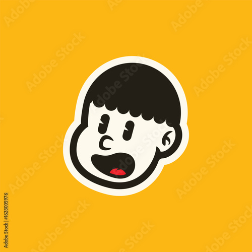 Cartoon boy face with confused and irritated expression in bold minimal line art style. Perfect for stickers, emojis, retro branding, and playful vector character design