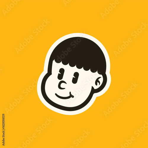 Cartoon boy face with confused and irritated expression in bold minimal line art style. Perfect for stickers, emojis, retro branding, and playful vector character design