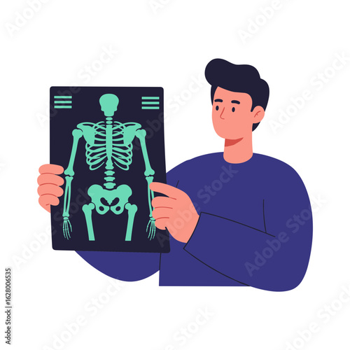 Man analyzing X-ray image of human skeleton in medical setting  